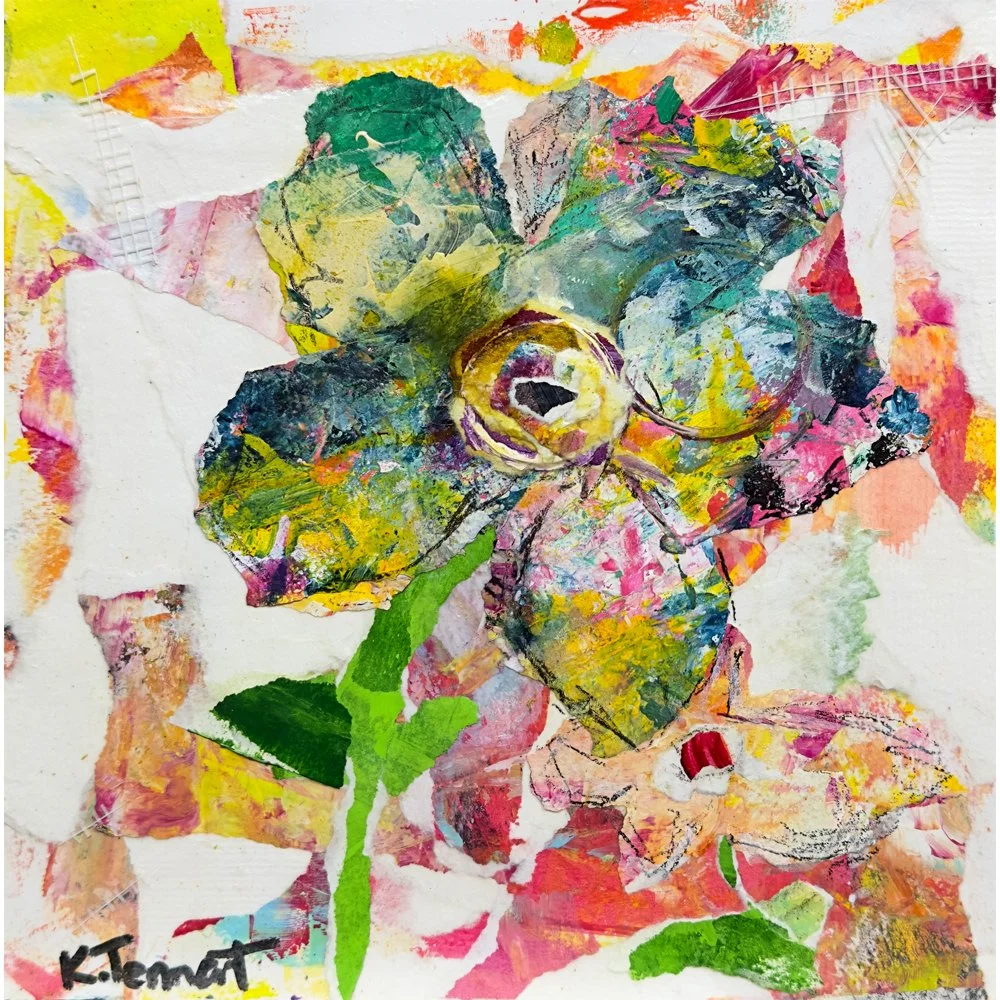 Vibrant Floral Mixed Media Collage - 8x8 Inch Original Artwork by